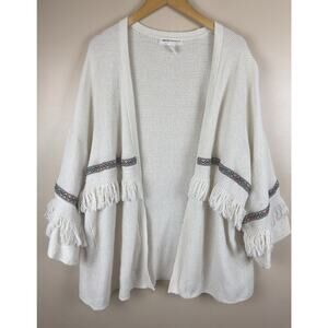 H&M Cream Kimono Cardigan Size L Boho Fringe Orange Stripes Coachella Style
